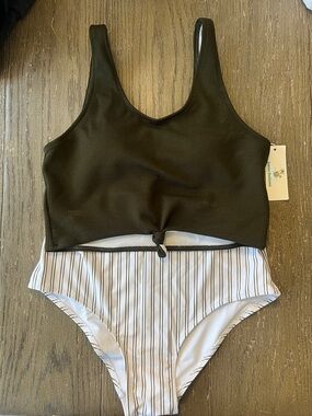 Women's Olive Green Ribbed Front Tie Tank Bikini Top with White Striped Bottom